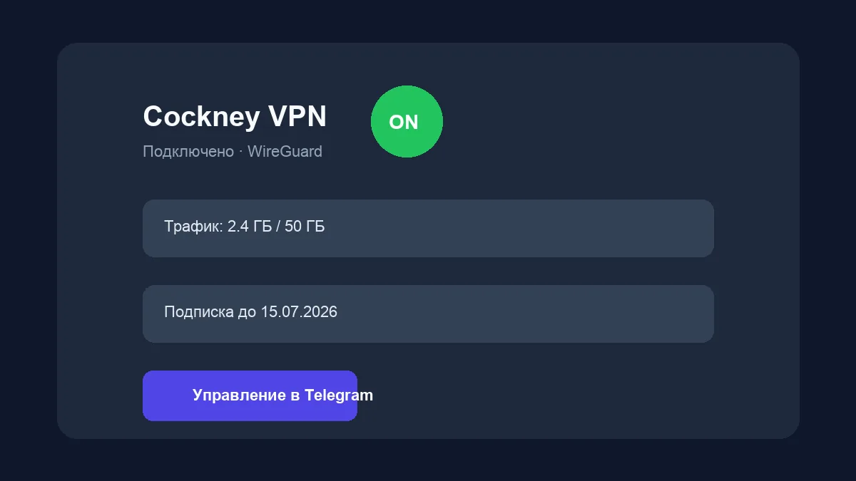 Интерфейс Cockney VPN с управлением подпиской и подключением